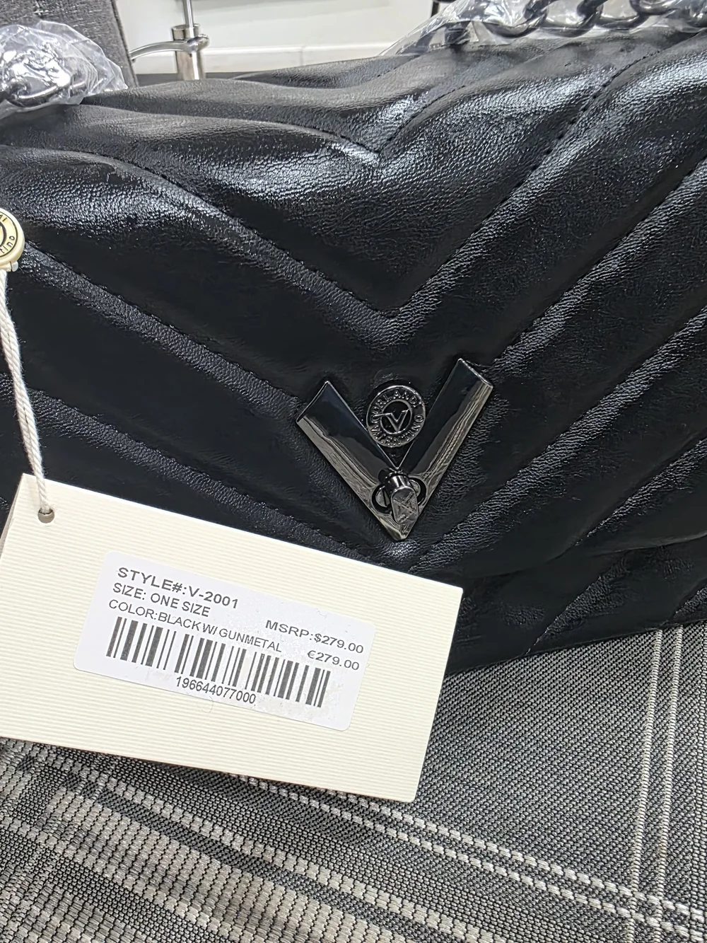 Valentino Orlandi Black Quilted Chevron Shoulder Bag with V-Logo